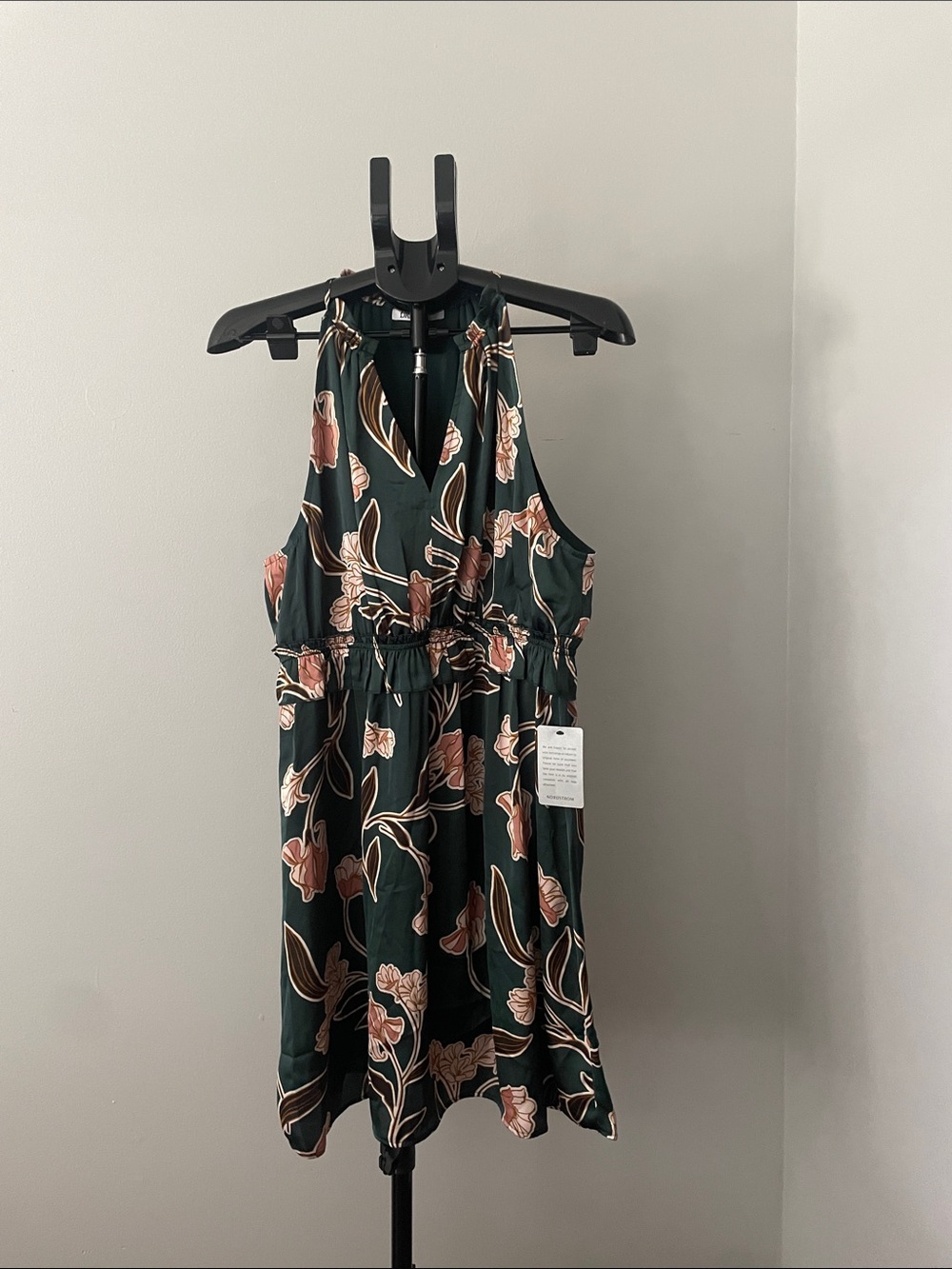 DR2 Forest Green Floral Mini Dress with Blush Pink Flowers
